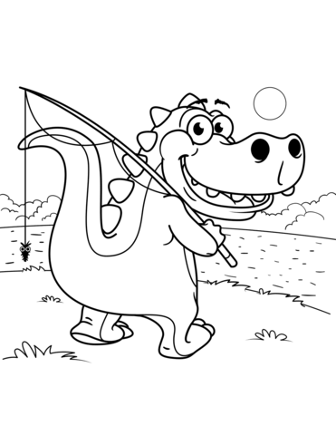 Cute Tyrannosaurus Goes Fishing Coloring Page